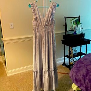 Blue and white stripped maxi dress gathered waist tie back